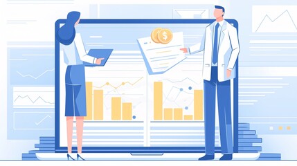 Analytics concept in flat design with people. Men and woman analyzing and researching business data, work with financial graph at dashboard. Illustration