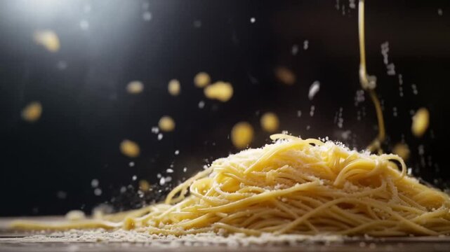 Scene of noodles falling in a pile, smooth repeating motion for background video animation