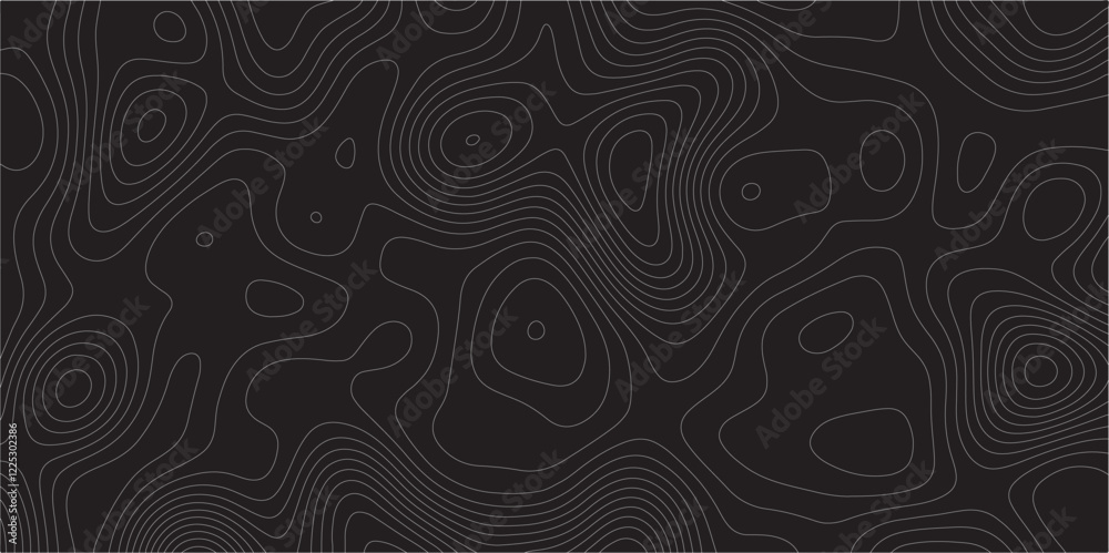 Poster Abstract white on black background Topographic line map pattern. Contour elevation topographic and textured Background Modern design with black background with topographic wavy patted.	