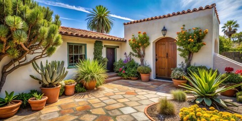Mediterranean-style home courtyard with terracotta pots, stone patio, and vibrant flowering plants