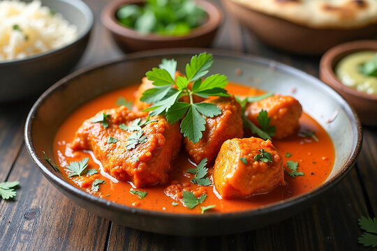 Delicious chicken tikka masala in creamy spiced tomato sauce, garnished with fresh coriander, served with naan and basmati rice, vibrant food photography.