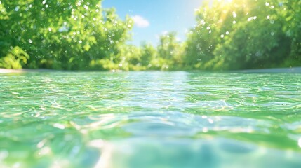 Fototapeta premium Clear turquoise water ripples in a calm river surrounded by lush green forest under bright summer sunlight.
