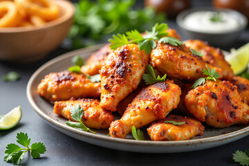 Fototapeta premium Delicious grilled chicken boti garnished with fresh coriander and served with onion rings and raita, in an appetizing culinary setting, food photography concept. Pakistani cuisine