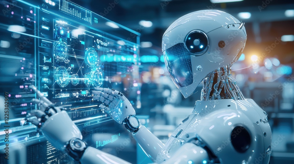 Poster futuristic robot interacting with holographic data display in high tech workspace