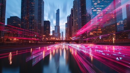 Fototapeta premium Dazzling Nighttime City Skyline with Vibrant Reflections and Blurred Traffic Lights on Bustling River
