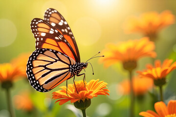 Fototapeta premium Macro photography of a beautiful monarch butterfly opening its wings to take flight amongst vibrant orange flowers, showcasing nature's intricate beauty.