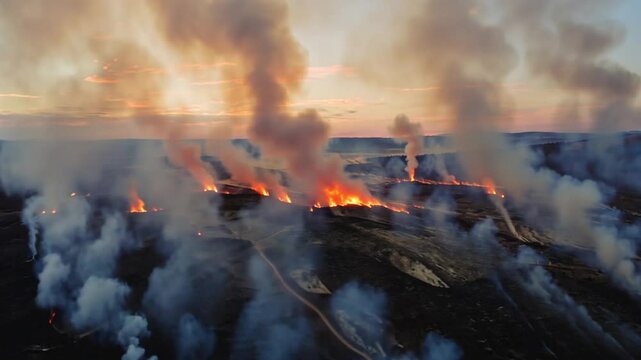 A dramatic top-down perspective showing the extent of the fire, with plumes of black smoke rising into the atmosphere, emphasizing the scale and impact