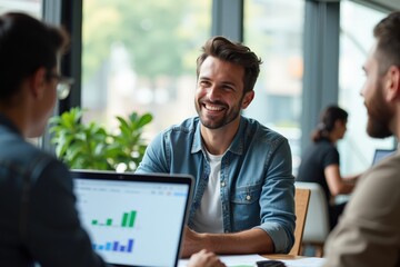 Bright and Engaging Team Meeting Among Professionals at a Modern Workspace with Laptops and Charts in a Collaborative Environment