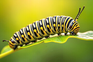 Fototapeta premium Monarch caterpillar gracefully arching on a milkweed stem in radiant midday light, showcasing nature's intricate beauty.