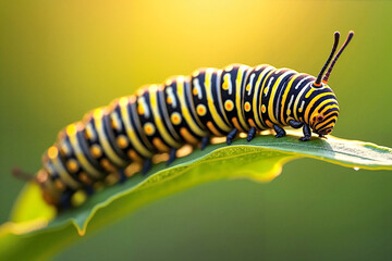Naklejka premium Macro photography of a monarch caterpillar arching in motion on a milkweed stem, showcasing natural beauty and intricate patterns under radiant noon light.