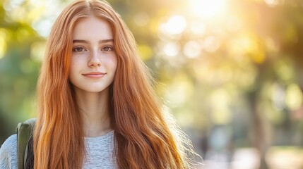 Fototapeta premium A young woman stands in a vibrant park, her long reddish hair illuminated by the warm sunlight. She smiles warmly, embracing the joyful atmosphere of a sunny afternoon