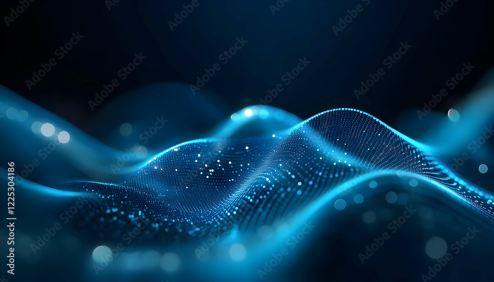 Poster abstract blue waves representing digital technology with sparkling particles creating a sense of mov