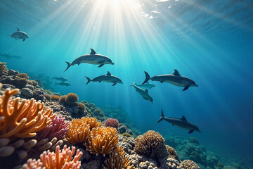 Fototapeta premium Graceful dolphins swimming playfully among vibrant coral reefs in bright morning light, showcasing the beauty of underwater life.
