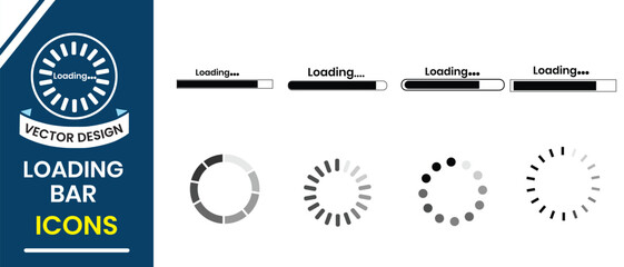 Set of loading bar icons, search vector illustration. Loading icon vector set. Collection of loading and buffering symbols for websites, app, logo. Progress load icons design. Vector illustration.