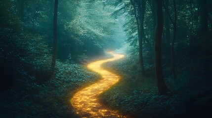 Obraz premium Enchanting Forest Trail with Glowing Pathway at Dusk