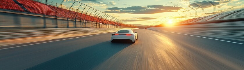 A speeding car on a racetrack during a vibrant sunset.