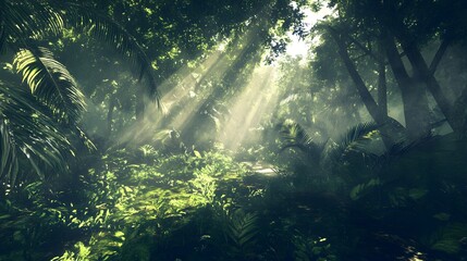 Obraz premium Serene Sunlight Filtering Through Lush Tropical Rainforest Canopy