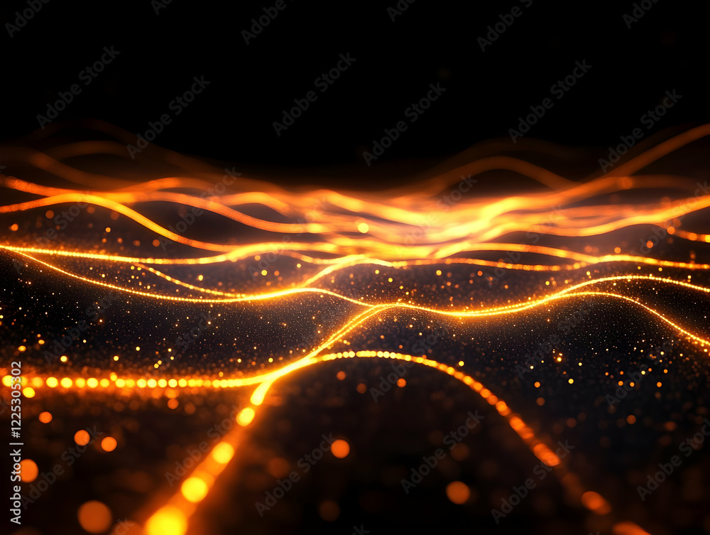 Poster abstract waves of light create a mesmerizing pattern with glowing particles against a dark backgroun