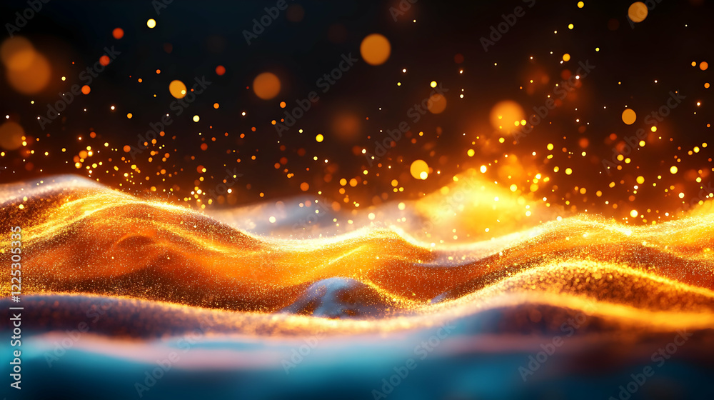 Poster abstract waves of light create a mesmerizing display with vibrant colors and glowing particles in mo