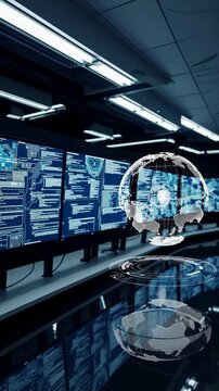 Tracking shot past screens, Multiple layered interfaces with data flow, blue-white corporate aesthetics, efficient command center vibe.
