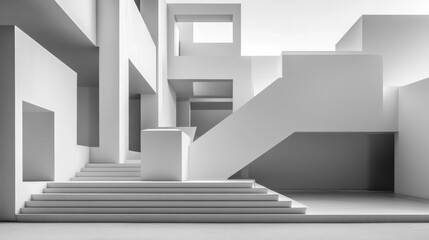 A minimalist black-and-white abstract with geometric forms.