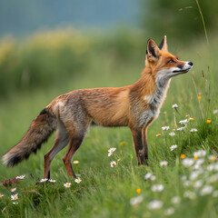alert red fox standing on grassland in summer