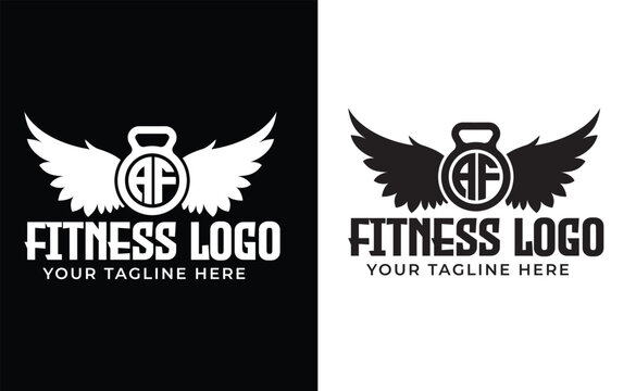 AF Gym, AF fitness logo, Sport, bodybuilding and gym king concept, Vector illustration Vector hand drawn silhouette of strong hand lifting up steel dumbbell isolated on white background