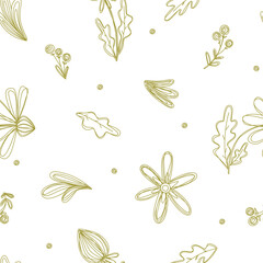 Seamless doodle pattern with flowers plants leaves dots. Hand drawn vector illustration with floral ornament for design and textiles.