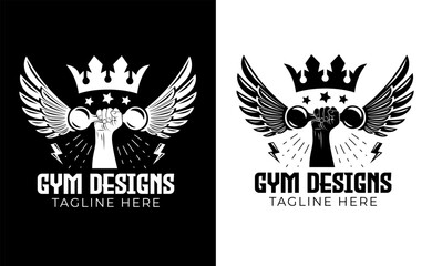 Gym, fitness logo, Sport, bodybuilding and gym king concept, Vector illustration Vector hand drawn silhouette of strong hand lifting up steel dumbbell isolated on white background