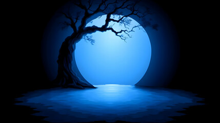 Blue Moon Night Tree Illustration