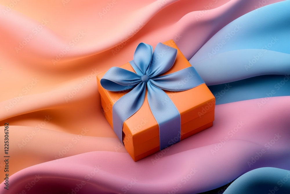 Poster a 3d digital artwork of a gift box with layers of complementary colors, such as orange wrapping pape