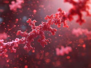 Red abstract molecule structure with blurred background and bokeh effect creating a science vibe