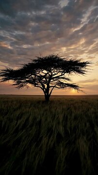 Fast Descent of lone tree in a sprawling savannah, warm golden hues, soft evening light, and a solitary, majestic atmosphere.
