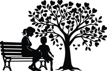 Silhouette Mother Son Sitting on Park Bench under a love tree