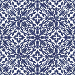 Classic Blue and White Ornamental Tile Pattern with Elegant Floral Accents