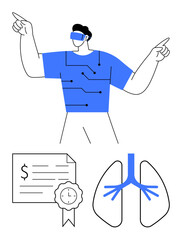 Man wearing VR headset, pointing upwards, circuit-patterned shirt, next to a certificate with ribbon, clock, and simplified lungs diagram. Ideal for telemedicine, healthcare innovation, medical
