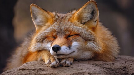 Fototapeta premium Serene Slumber: A Red Fox Resting on a Rock