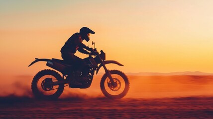 A motorcyclist riding through a sunset landscape, kicking up dust.