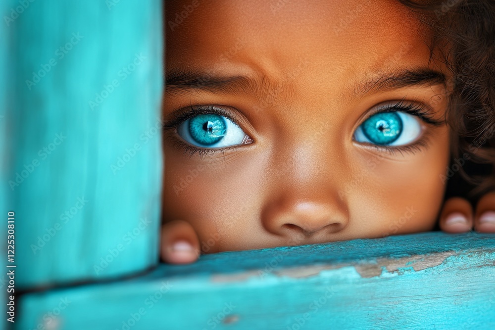 Poster A child peering around a corner, their face partially hidden and their expression wary as they observe something in the distance