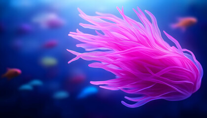 Obraz premium A vibrant pink jellyfish gracefully glides through the deep blue ocean, surrounded by colorful fish.
