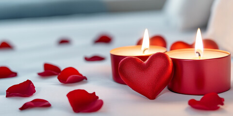 Heart-shaped Candles Glowing on a Bedside Table - Ideal for Romantic Atmosphere and Home Decor