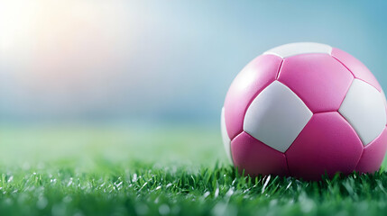 Fototapeta premium A vibrant pink soccer ball resting on lush green grass under a bright sky, perfect for sports-related projects.