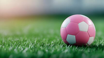 Fototapeta premium A vibrant pink soccer ball resting on lush green grass, ready for play under a sunny sky.