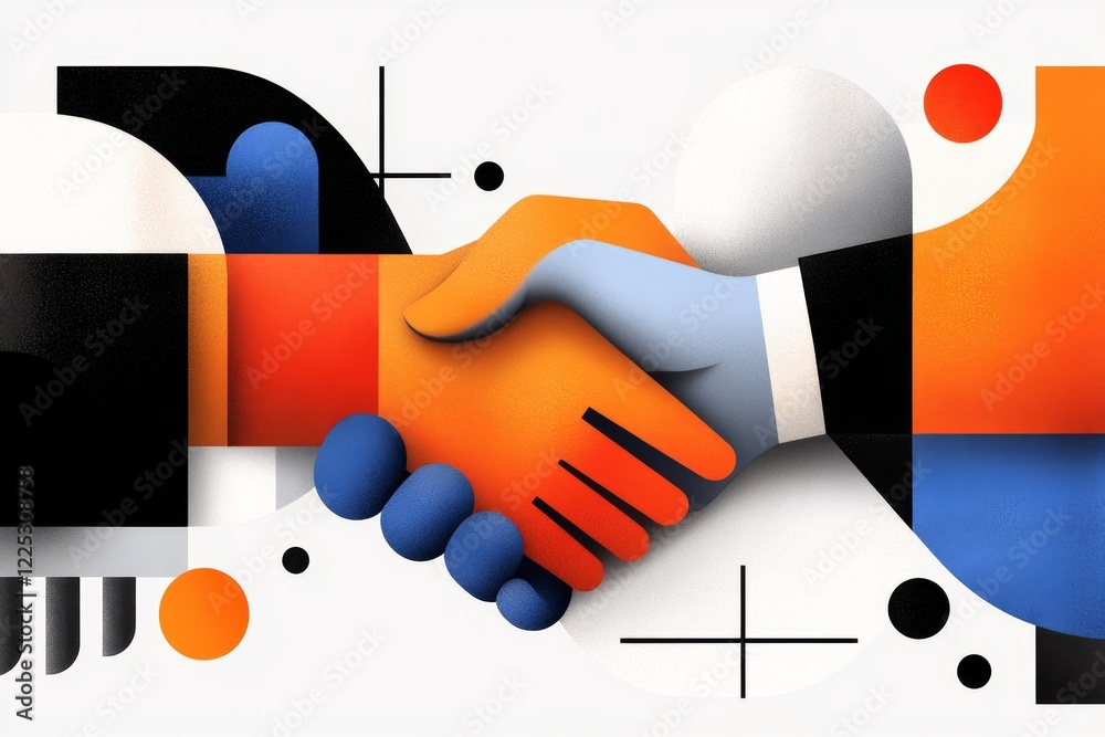 Aufkleber a clean, geometric design of a handshake icon, surrounded by minimalist abstract shapes representing