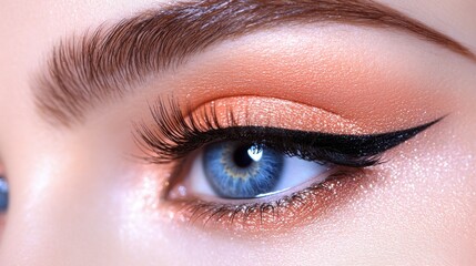 Obraz premium This striking close-up highlights intricate eye makeup featuring a blend of warm hues and sharp eyeliner. The bold details enhance the captivating blue eye, showcasing artistry and skill