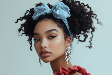 Elegant beauty portrait of Afro-Asian woman in striking red and blue