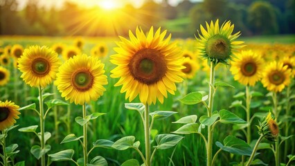 Obraz premium Tall sunflowers in a field with bright yellow petals and green stems surrounded by lush green grass , green, crop, green