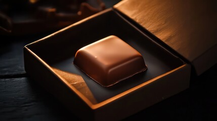A single chocolate piece from an open box, illuminated by low, dramatic lighting that highlights its smooth, glossy surface, set against a dark background for a cinematic look