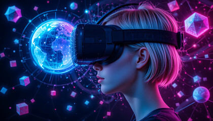Obraz premium Metaverse Technology concepts. Teenager play VR virtual reality goggle and experiences of metaverse virtual world on colorful background. Visualization and simulation, 3D, AR, VR, Innovation 