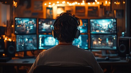 A player focuses intently on multiple monitors displaying vibrant game graphics while wearing headphones in a cozy gaming space at night 